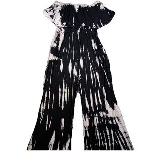 Peach Love Jumpsuit Size L Sleeveless Halter Top Black Cream Tie Dye Romper